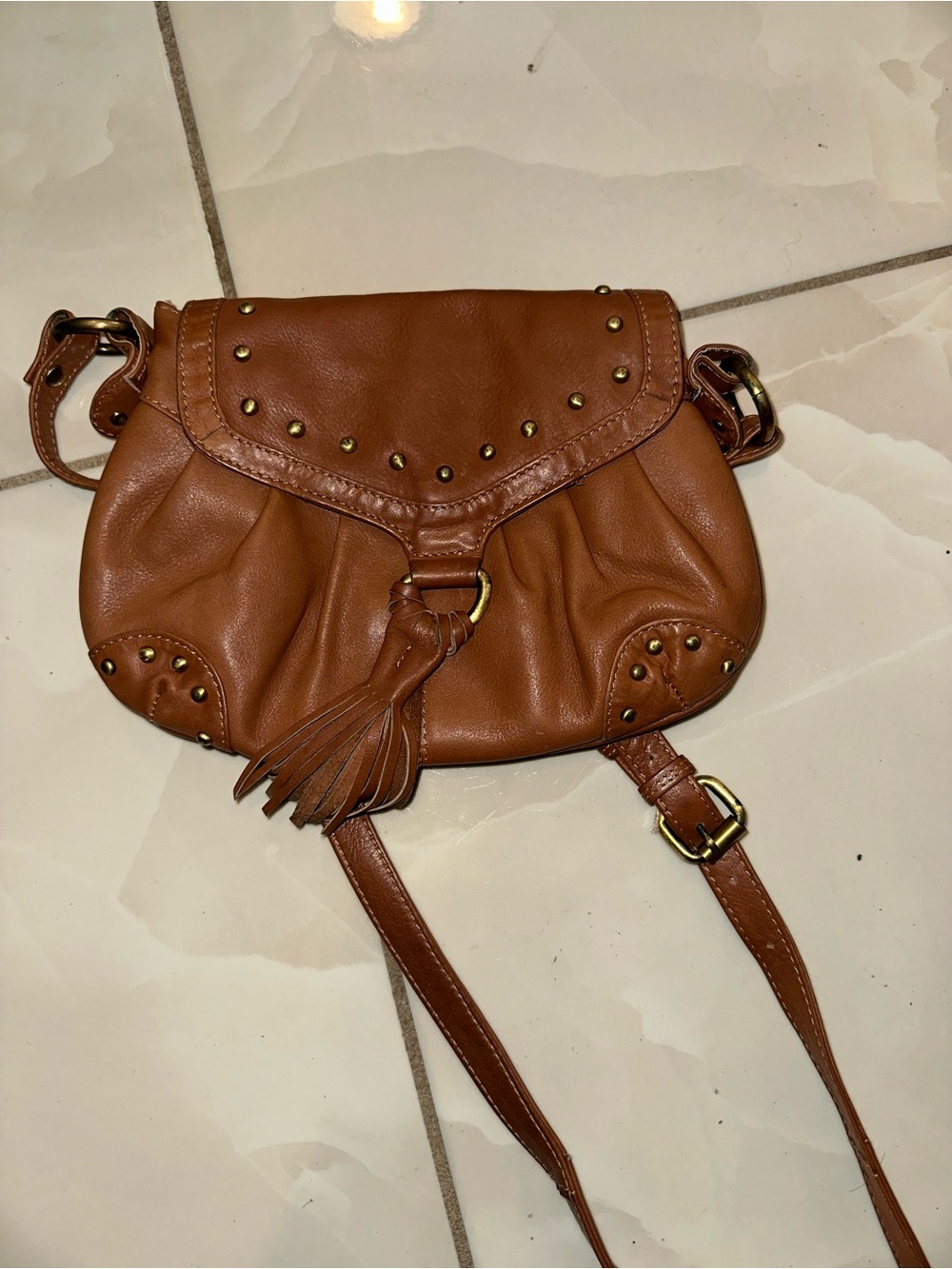 Aldo Tan Leather Mini Crossbody with Tassel and Studs - Picture 1 of 8